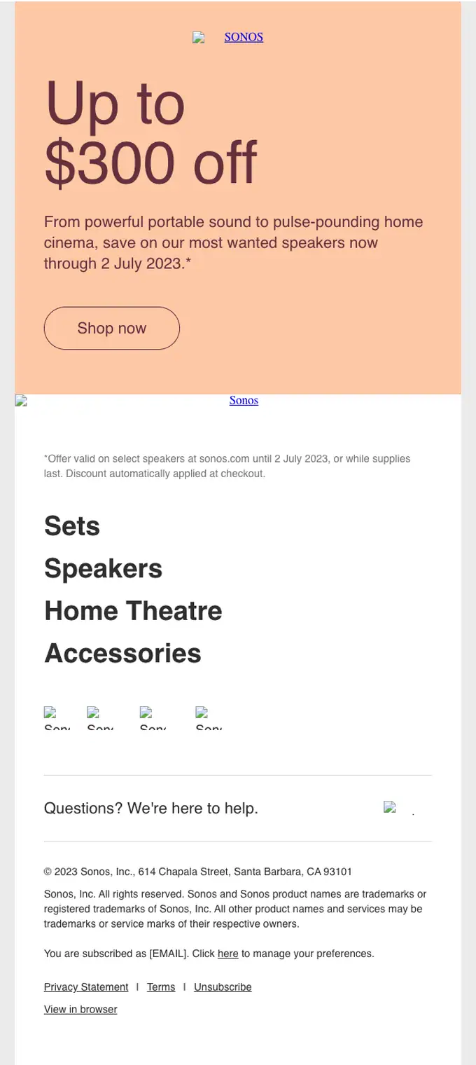Sonos discount offer email, full length