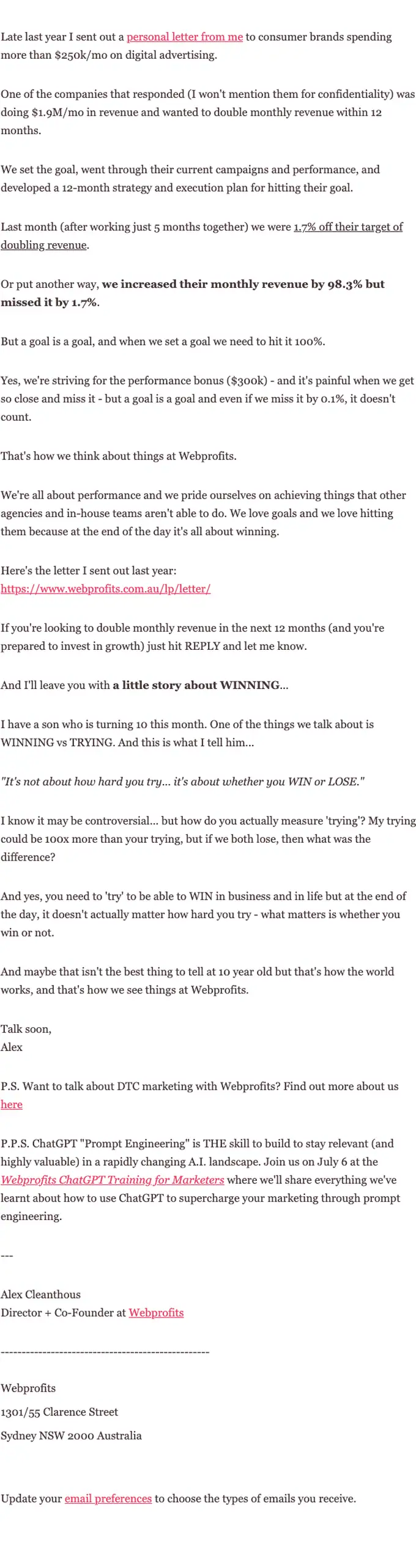 Webprofits promotional email, full length