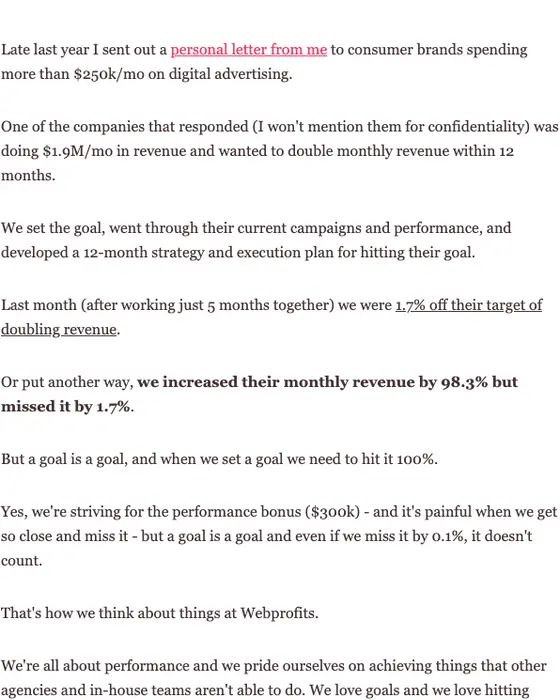 Webprofits promotional email: We missed the goal by 1.7%