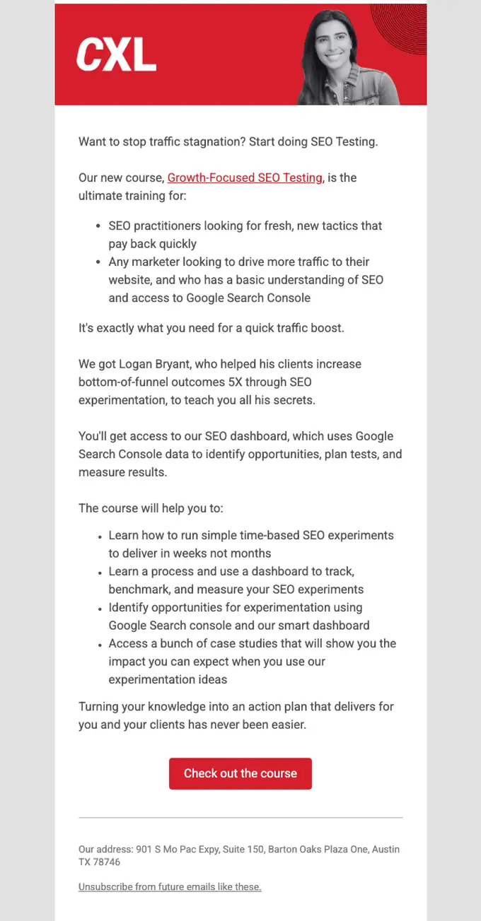 CXL product launch email, full length