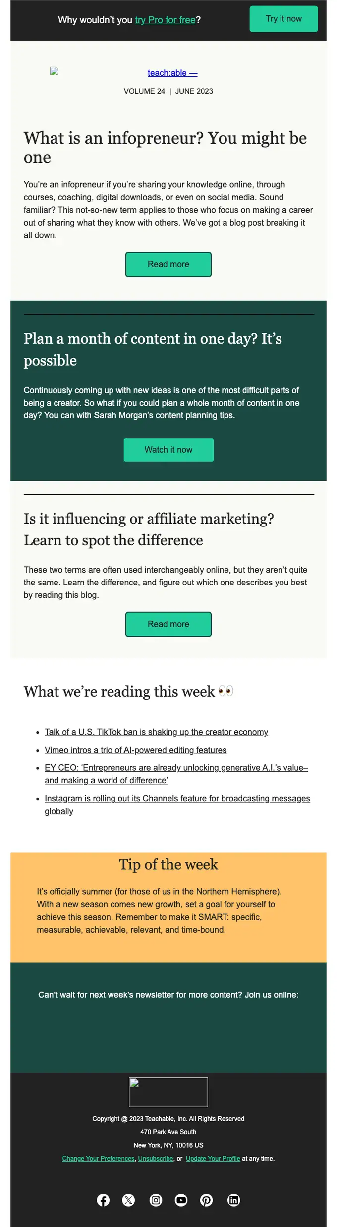 Teachable newsletter email, full length
