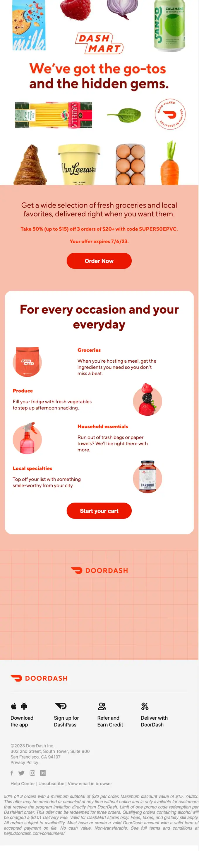 DoorDash promotional email, full length