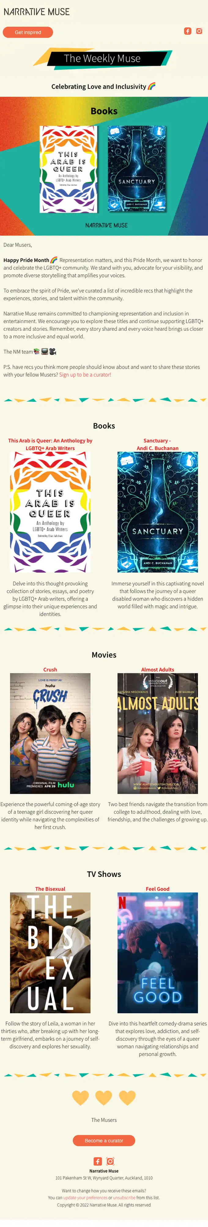 Narrative Muse newsletter email, full length