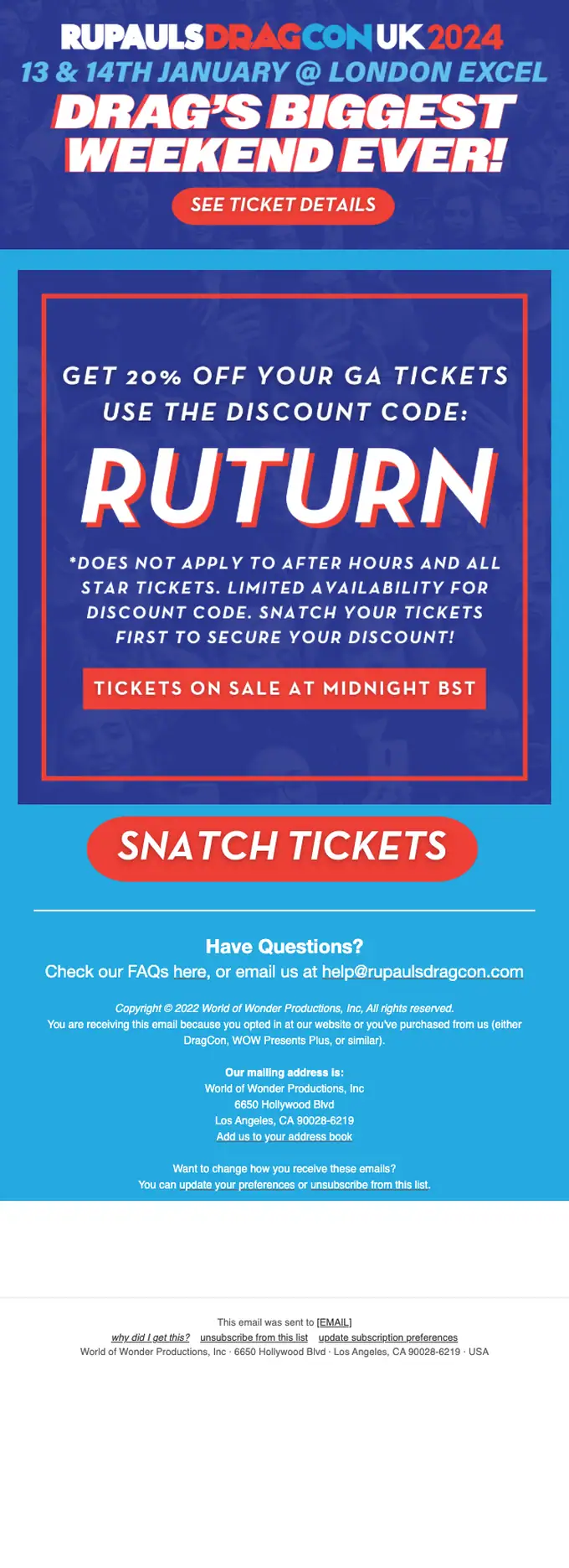 RuPaul's DragCon discount offer email, full length