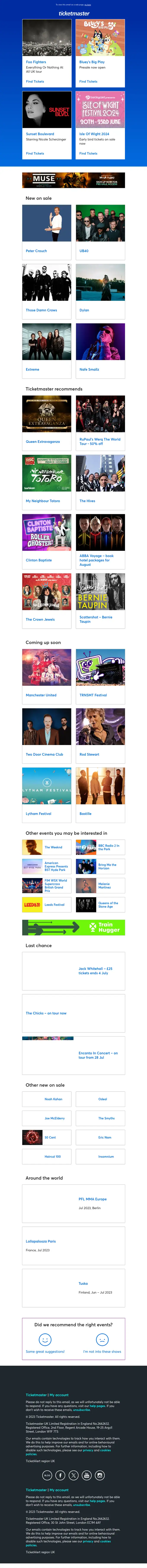 Ticketmaster newsletter email, full length