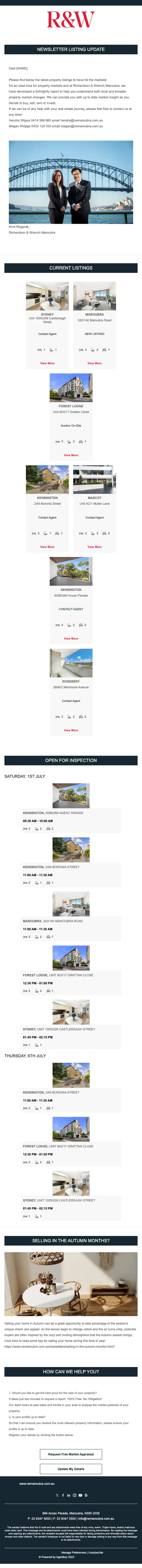 Richardson & Wrench Maroubra newsletter email, full length