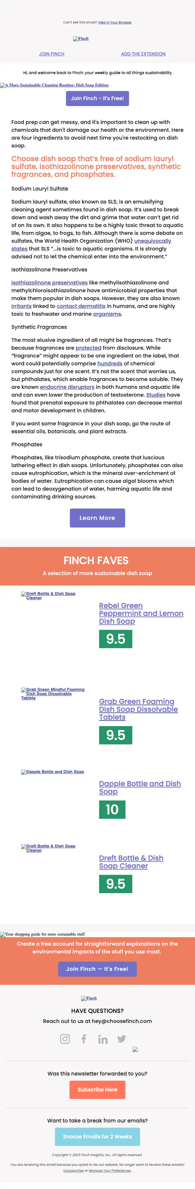 Finch newsletter email, full length
