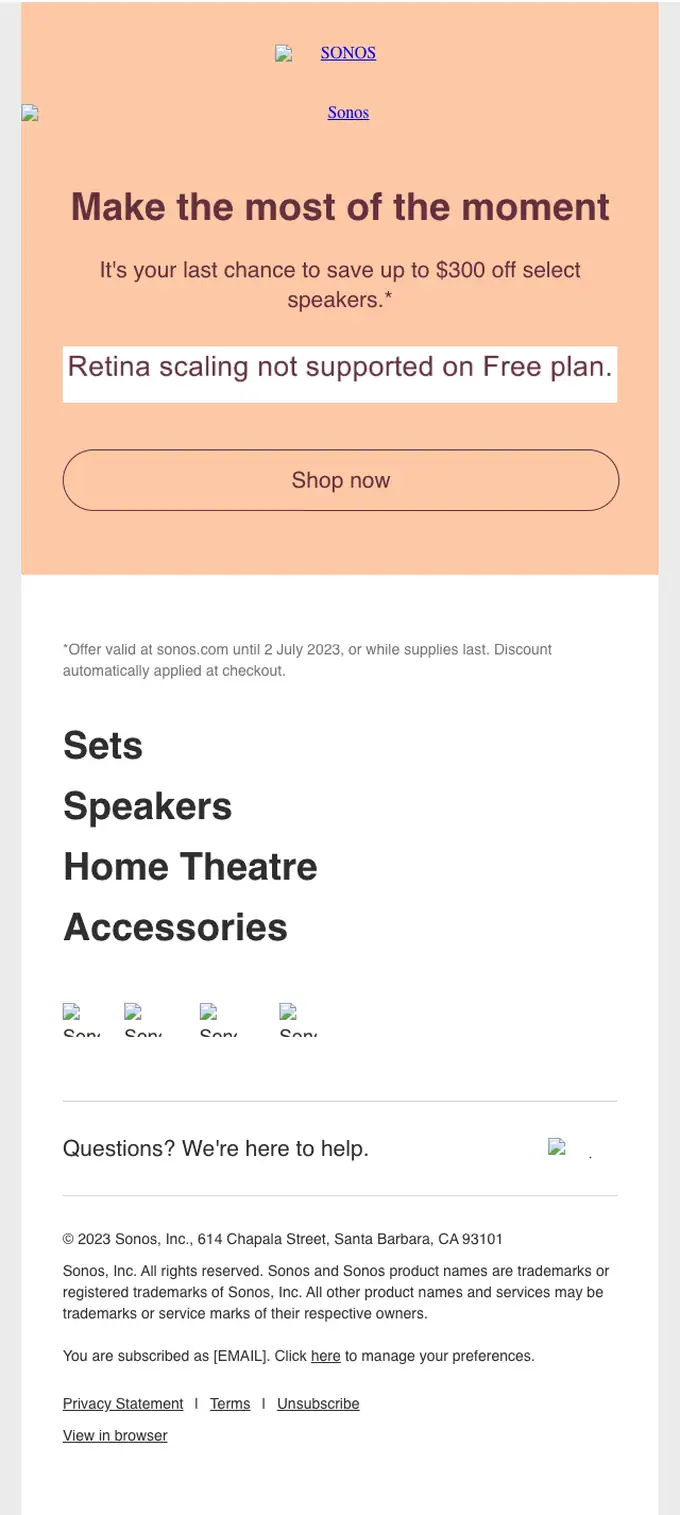 Sonos discount offer email, full length
