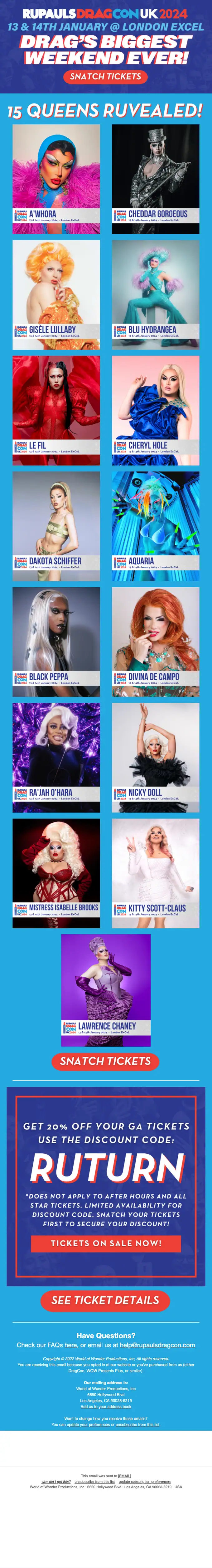 RuPaul's DragCon discount offer email, full length