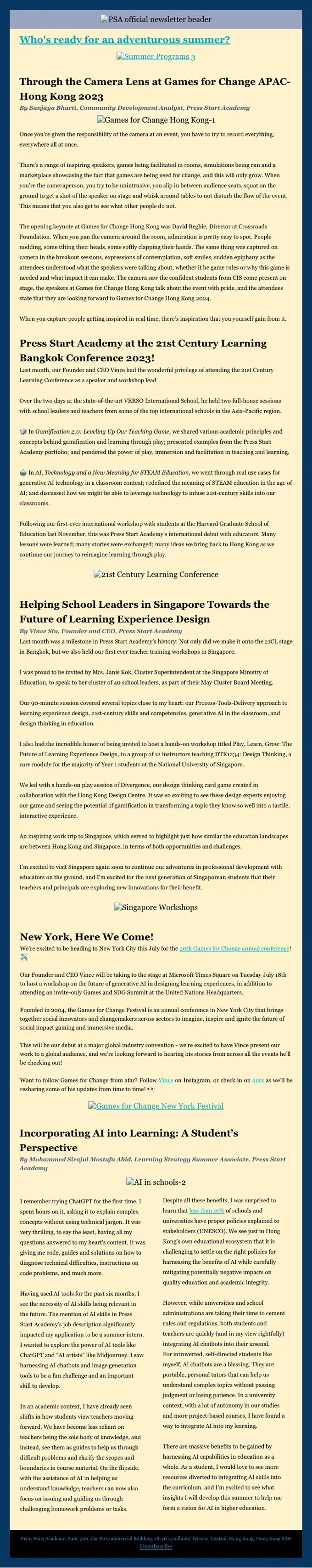 Press Start Academy newsletter email, full length