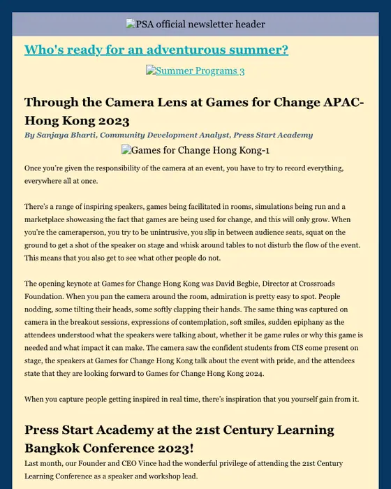 Press Start Academy newsletter email