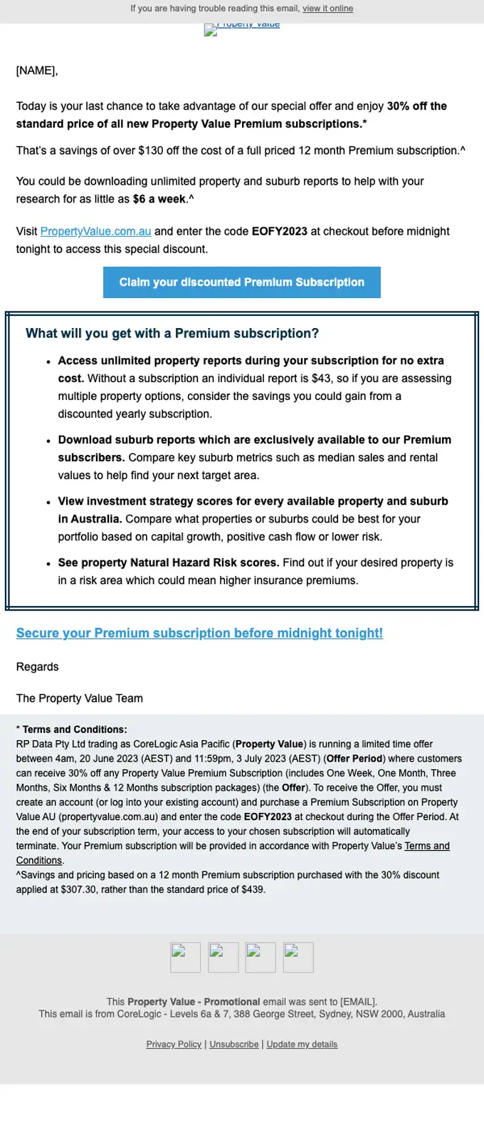 Property Value by CoreLogic discount offer email, full length
