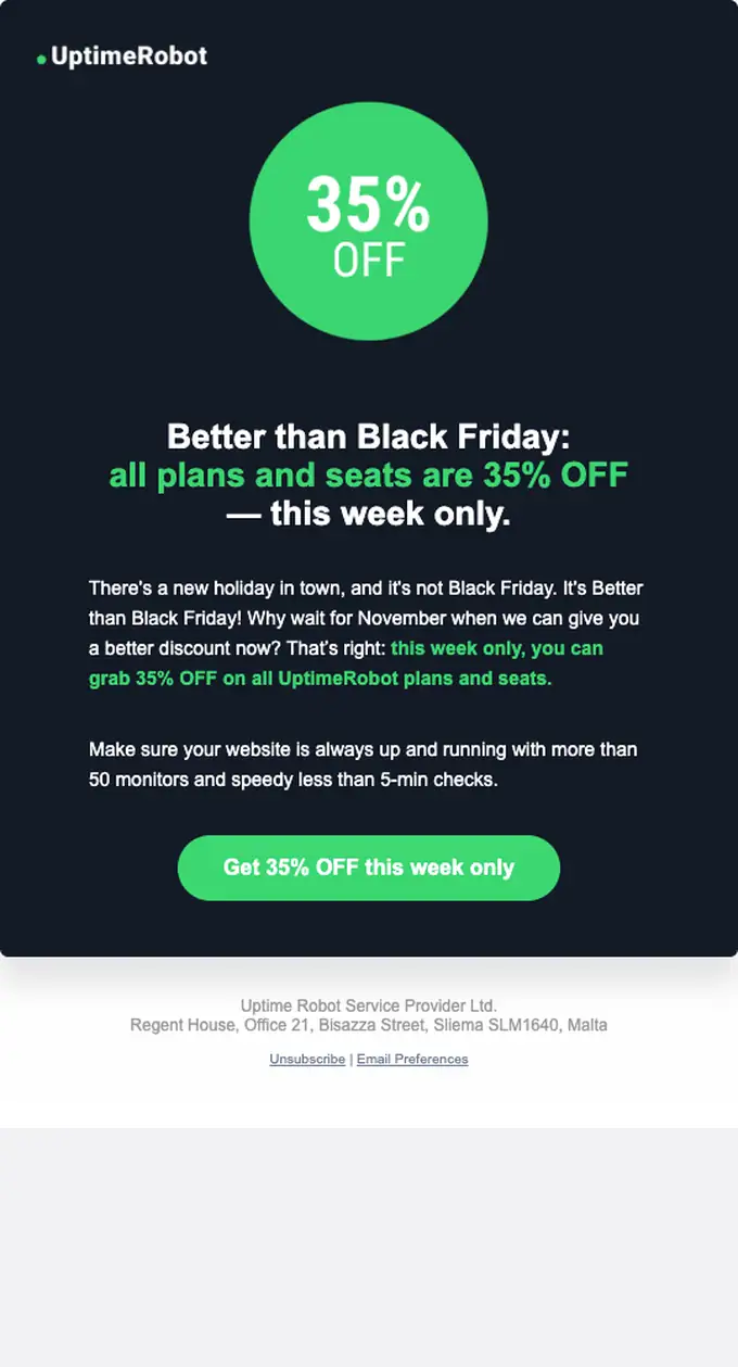 UptimeRobot discount offer email, full length
