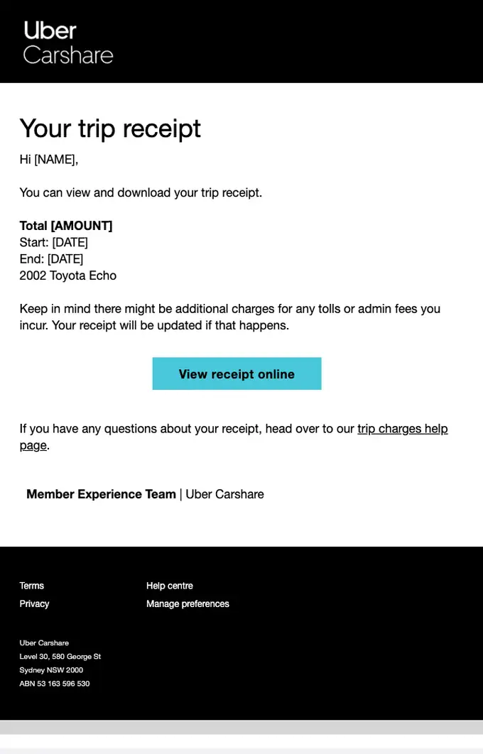 Uber Carshare receipt email, full length