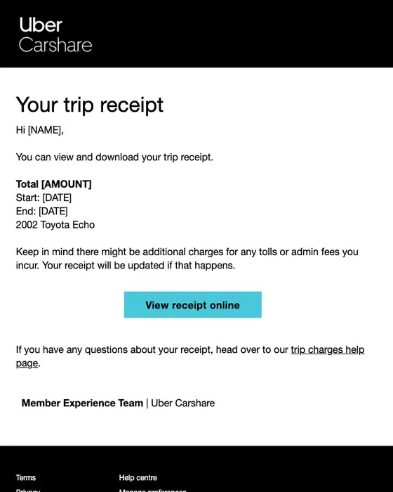 Uber Carshare receipt email