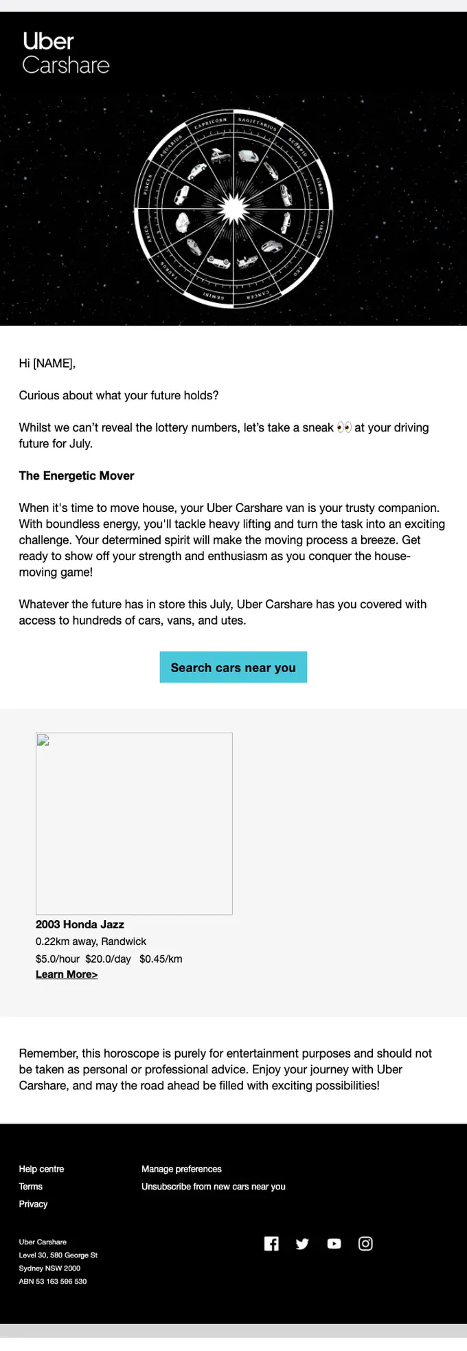 Uber Carshare promotional email, full length