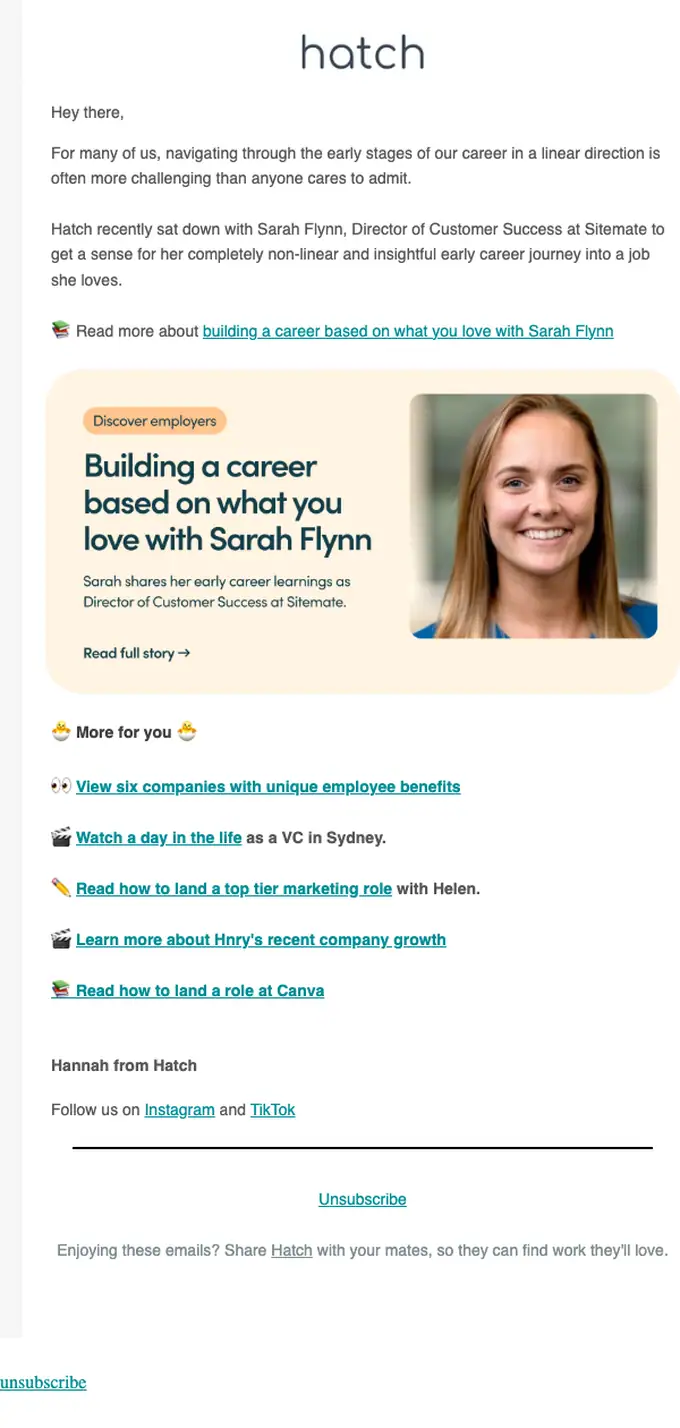 Hatch Community newsletter email, full length