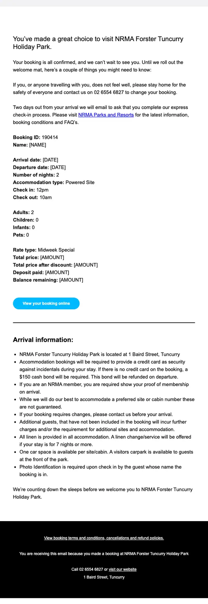 NRMA Forster Tuncurry Holiday Park booking confirmation email, full length