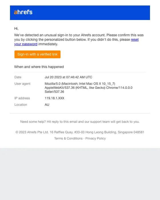 Ahrefs security alert email