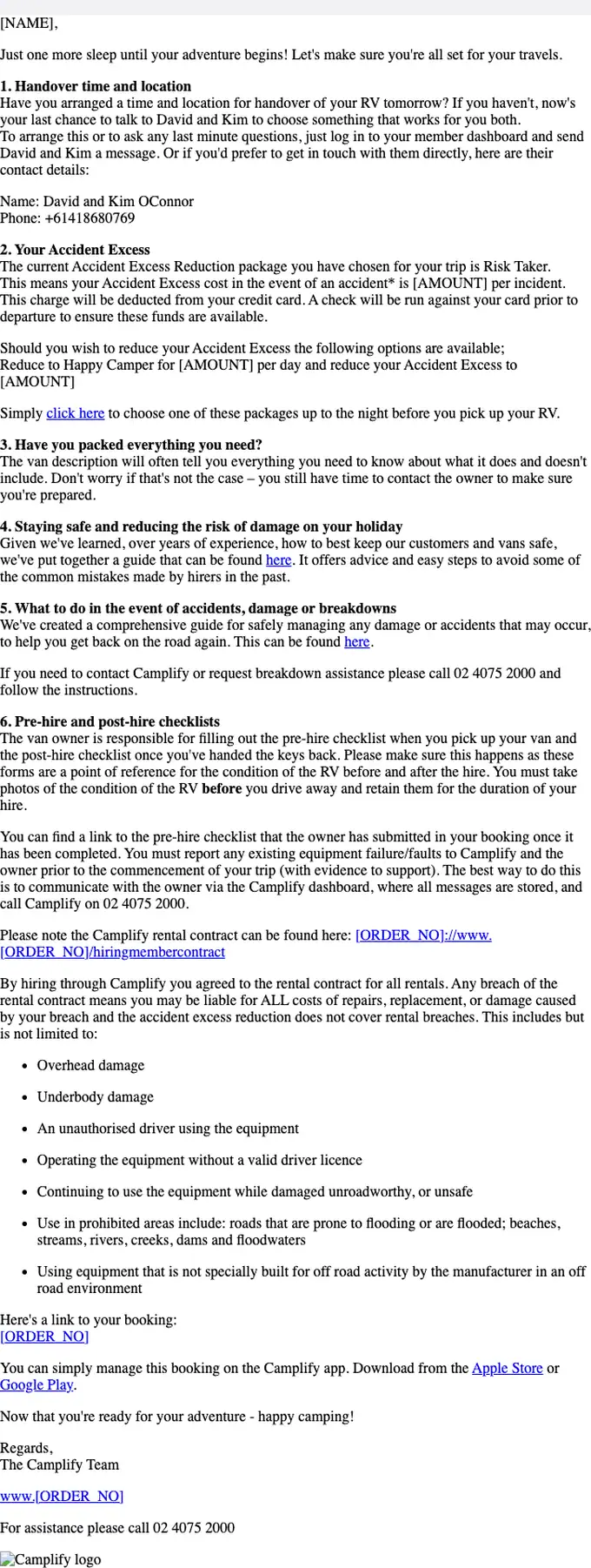 Camplify order reminder email, full length