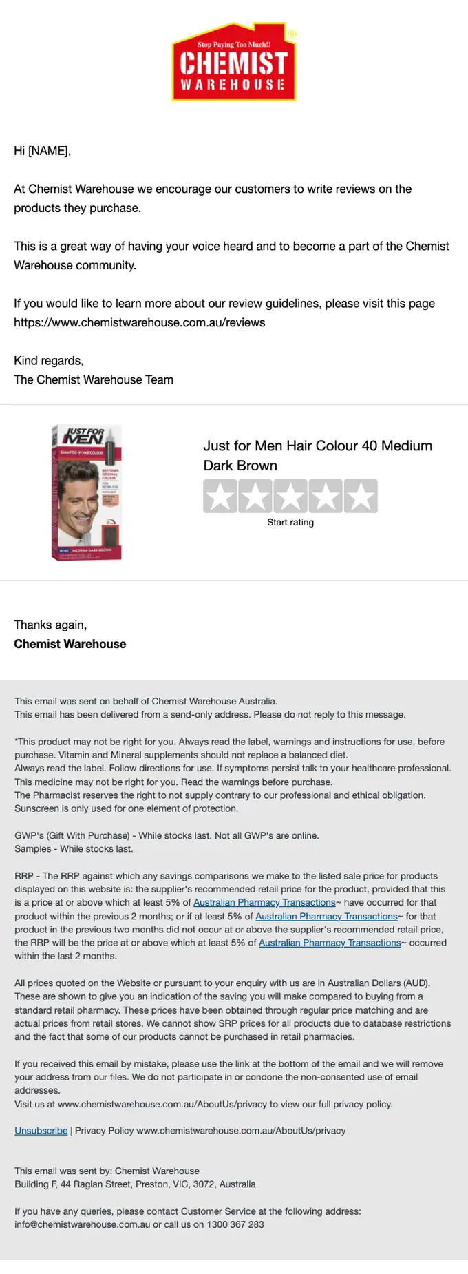 Chemist Warehouse thank you email, full length