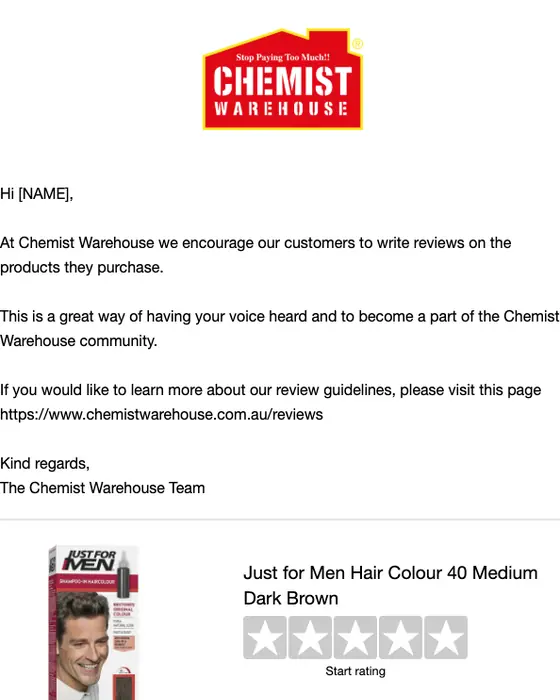 Chemist Warehouse thank you email