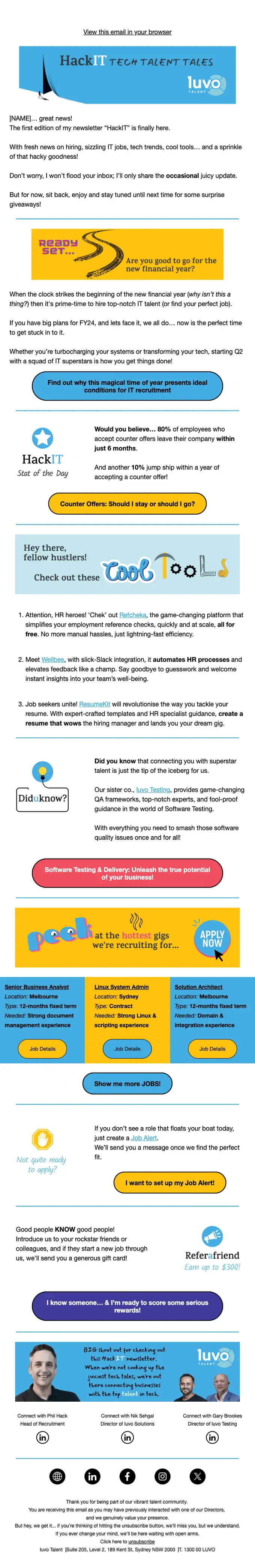 luvo Talent newsletter email, full length