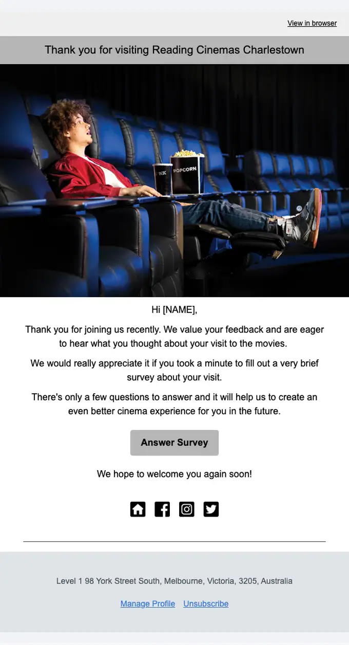Reading Cinemas thank you email, full length