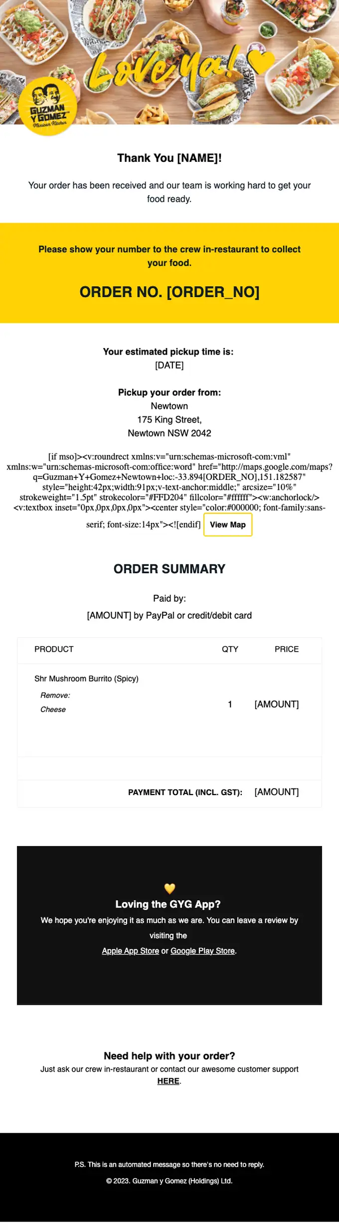 Guzman y Gomez order confirmation email, full length