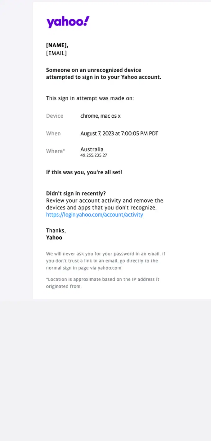 Yahoo security alert email, full length