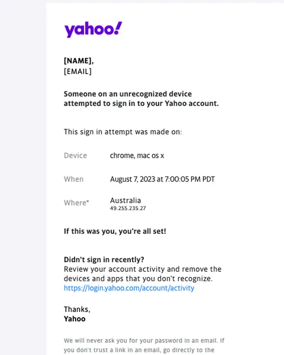 Yahoo security alert email