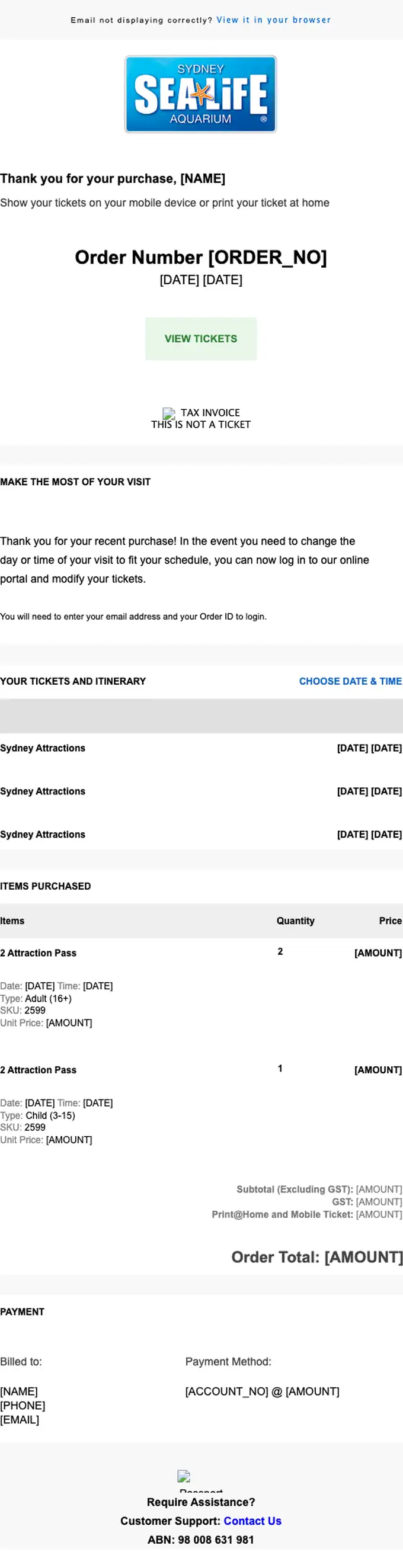 SEA LIFE Sydney Aquarium receipt email, full length