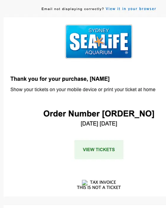 SEA LIFE Sydney Aquarium receipt email