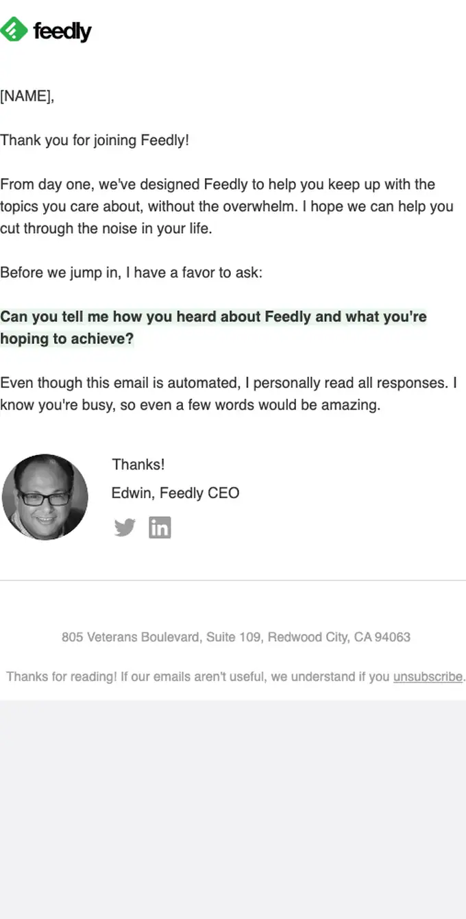 Feedly welcome email, full length