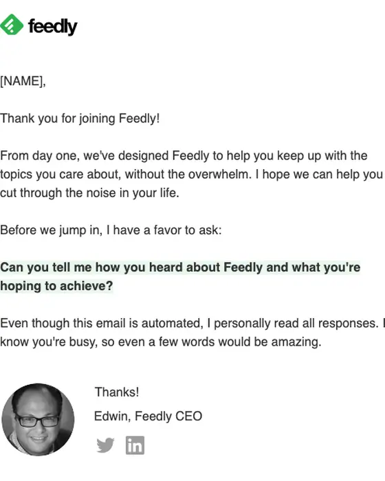 Feedly welcome email