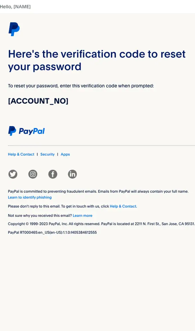 PayPal password reset email, full length