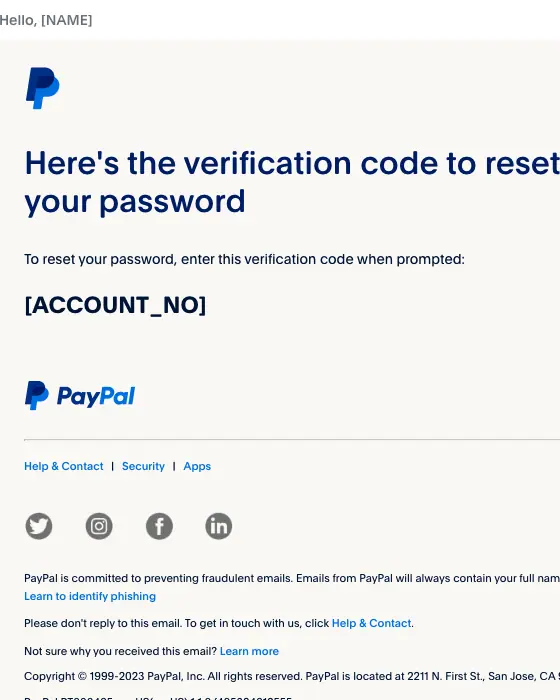 PayPal password reset email
