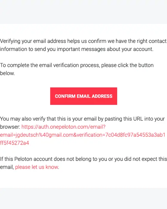 Peloton email verification email