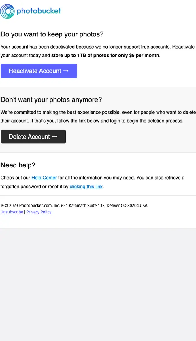 Photobucket expiration notice email, full length