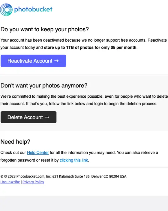 Photobucket expiration notice email