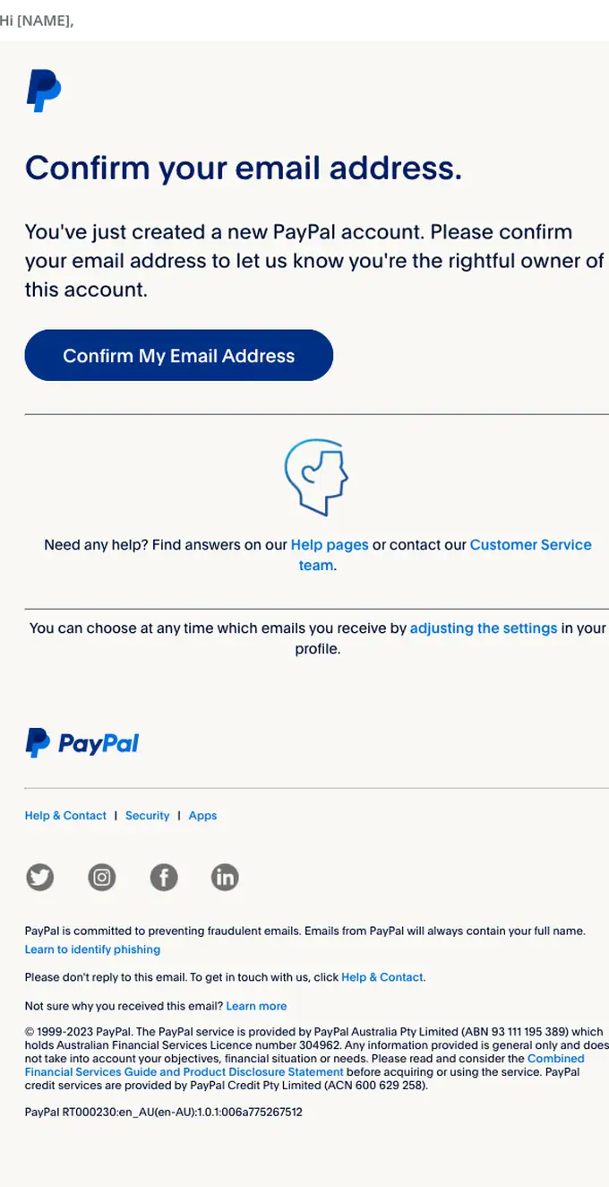 PayPal email verification email, full length
