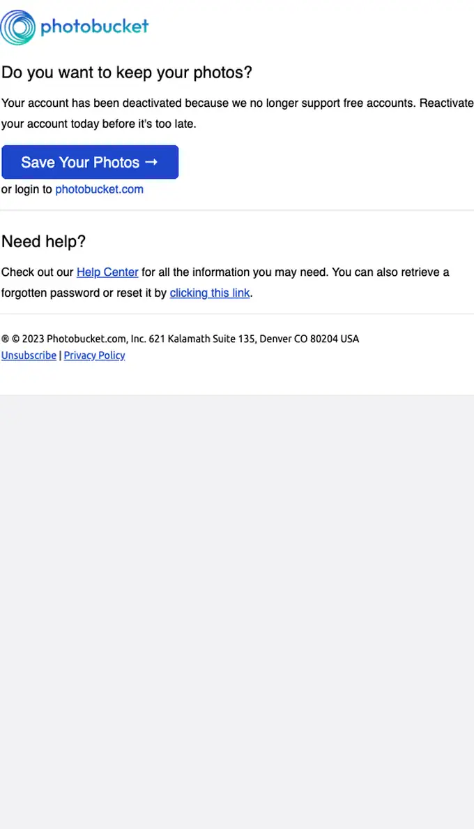 Photobucket expiration notice email, full length