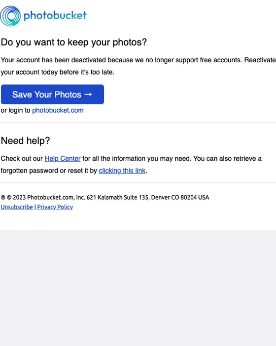 Photobucket expiration notice email