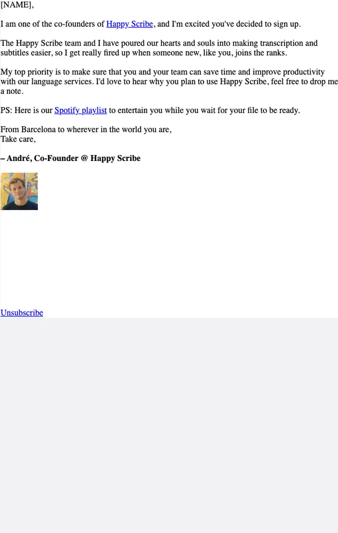 Happy Scribe welcome email, full length