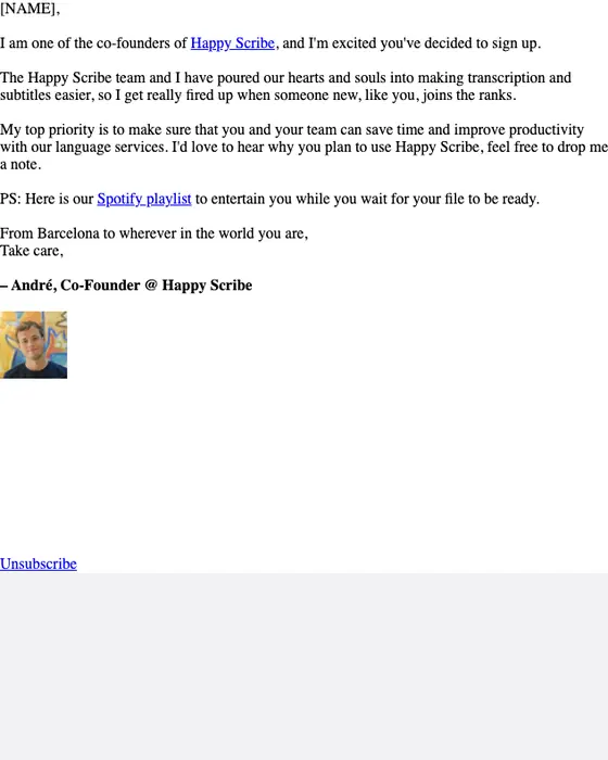 Happy Scribe welcome email