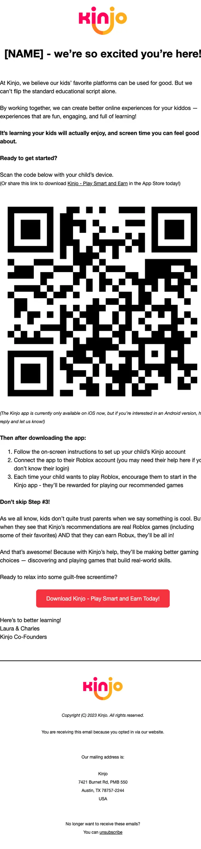 Kinjo welcome email, full length