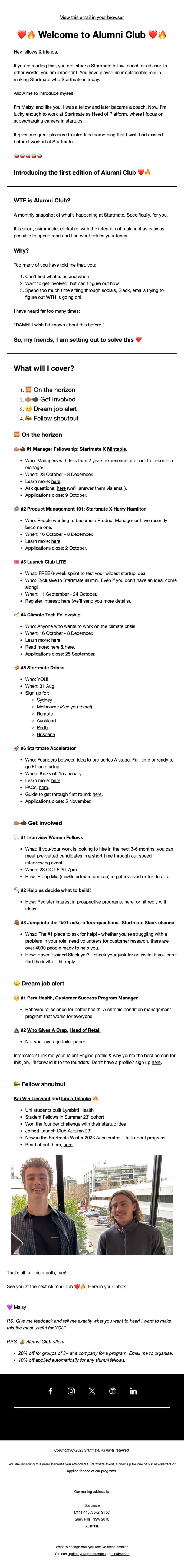 Startmate welcome email, full length