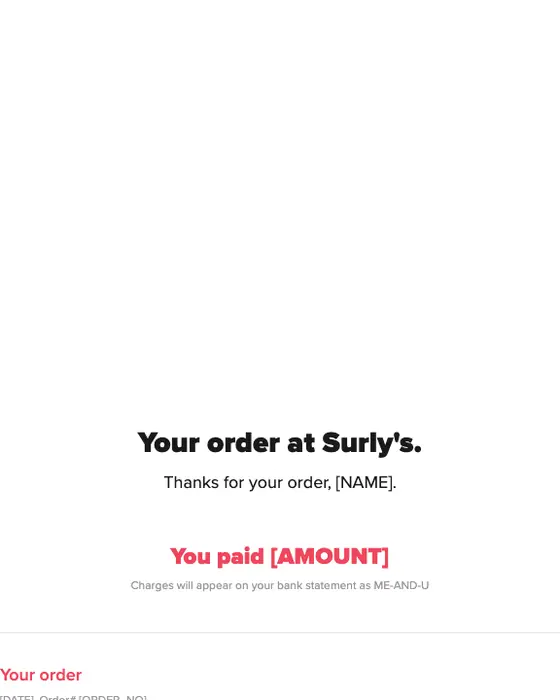 me&u receipt email: Your order at Surly's, on Wed, Sep 13 2023