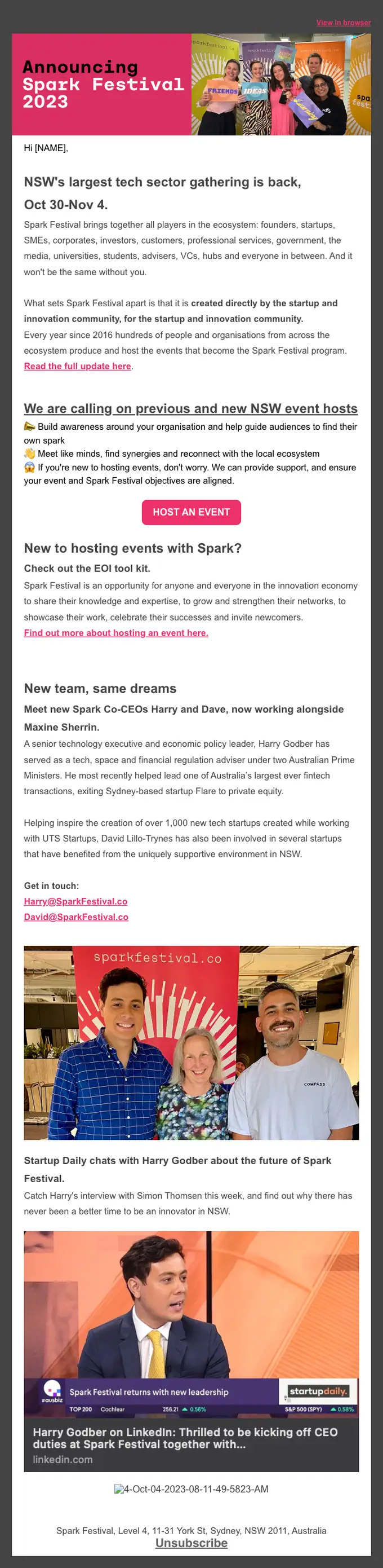Spark Festival event invite email, full length