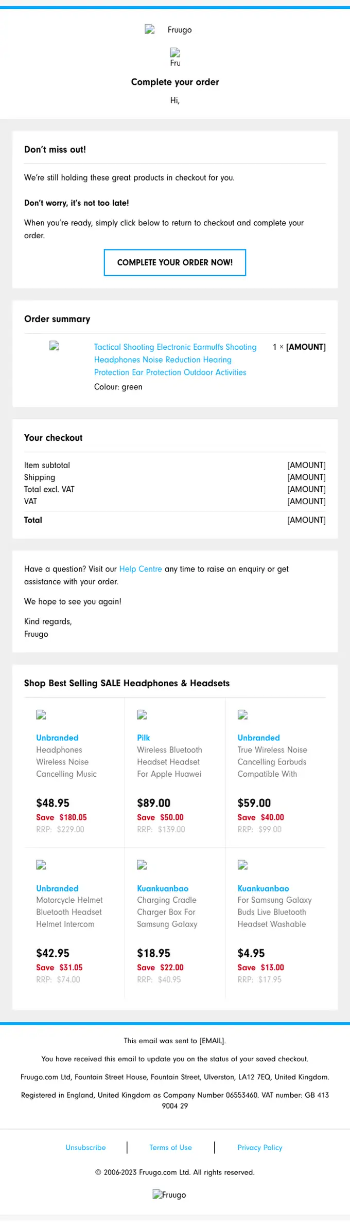 Fruugo abandoned cart email, full length